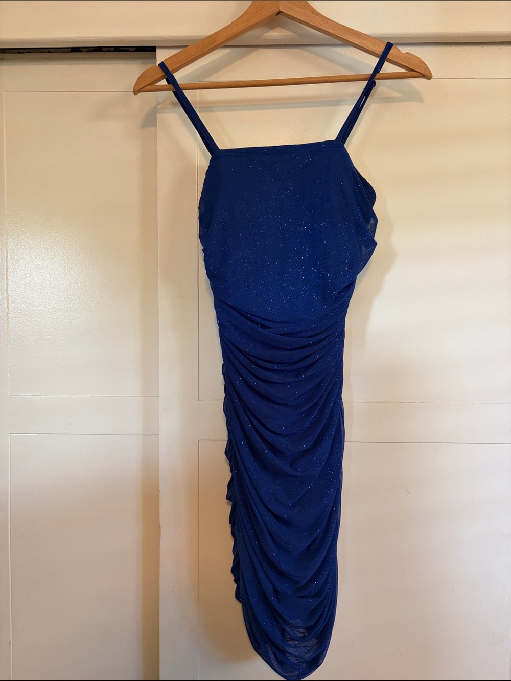 Macy's Sparkle Navy Blue Ruched Spaghetti-Strap Mini Dress